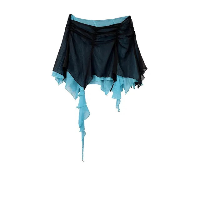 Dopamine Summer Irregular Hem Pleating Double layer Chiffon Skirt Black - Shop at LoveMi