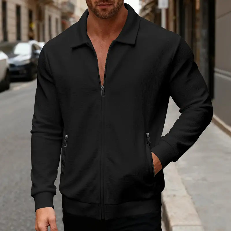 Men's Waffle-Weave Lapel Zip-Up Long-Sleeve Jacket
