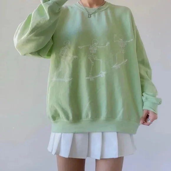 Women's Wear Long Sleeve Skull Skateboard Loose Top Green - Shop at LoveMi