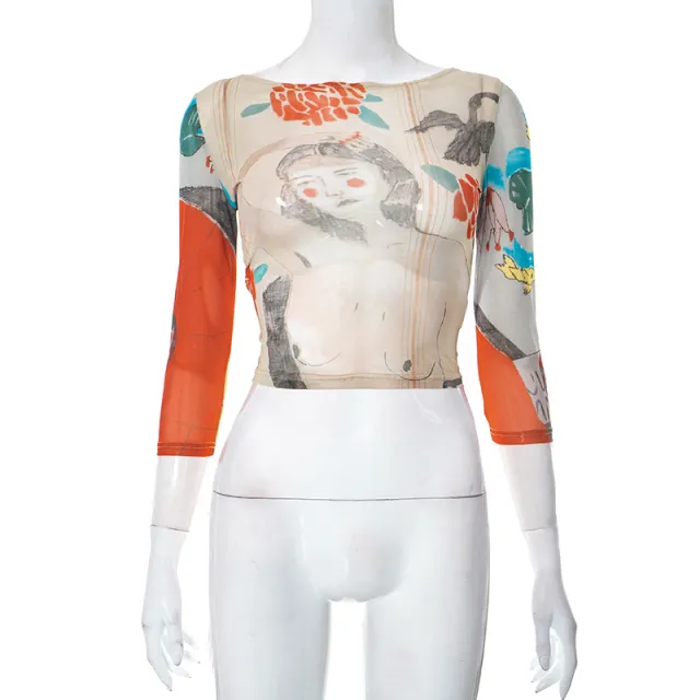 Vintage Printed See through Round Neck Backless Short Top Women's Bottoming Shirt Flesh Color R23Tp062 In Stock - Shop at LoveMi