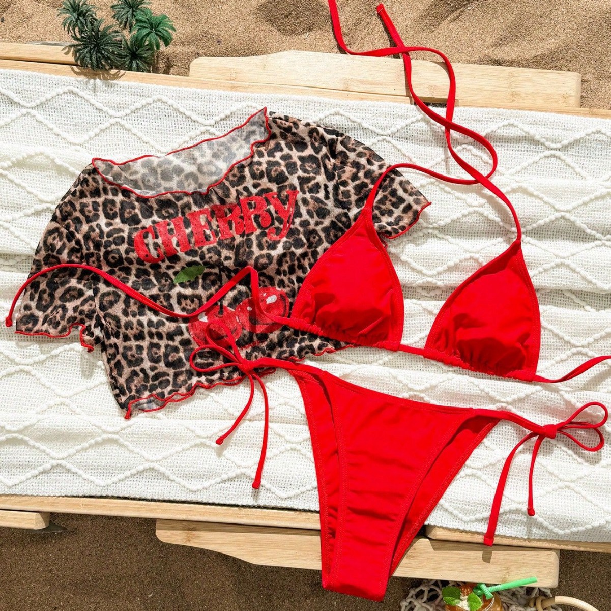 Cherry Blossom Print Camisole Three-Piece Bikini Lace-Up Swimsuit