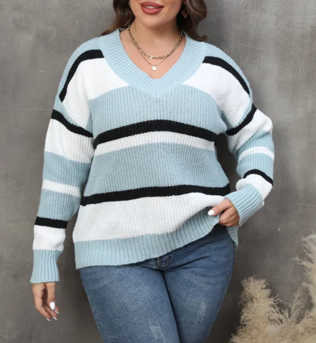 V collar Contrast Color Stitching Fashion Sweater Women Light Blue - Shop at LoveMi