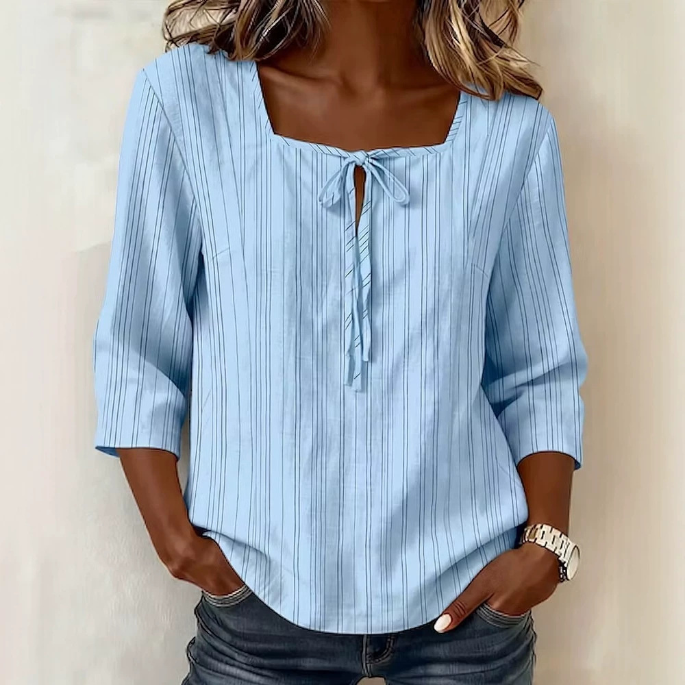 Loose-fit Casual Printed Lace-up Square-neck Womens Blouse