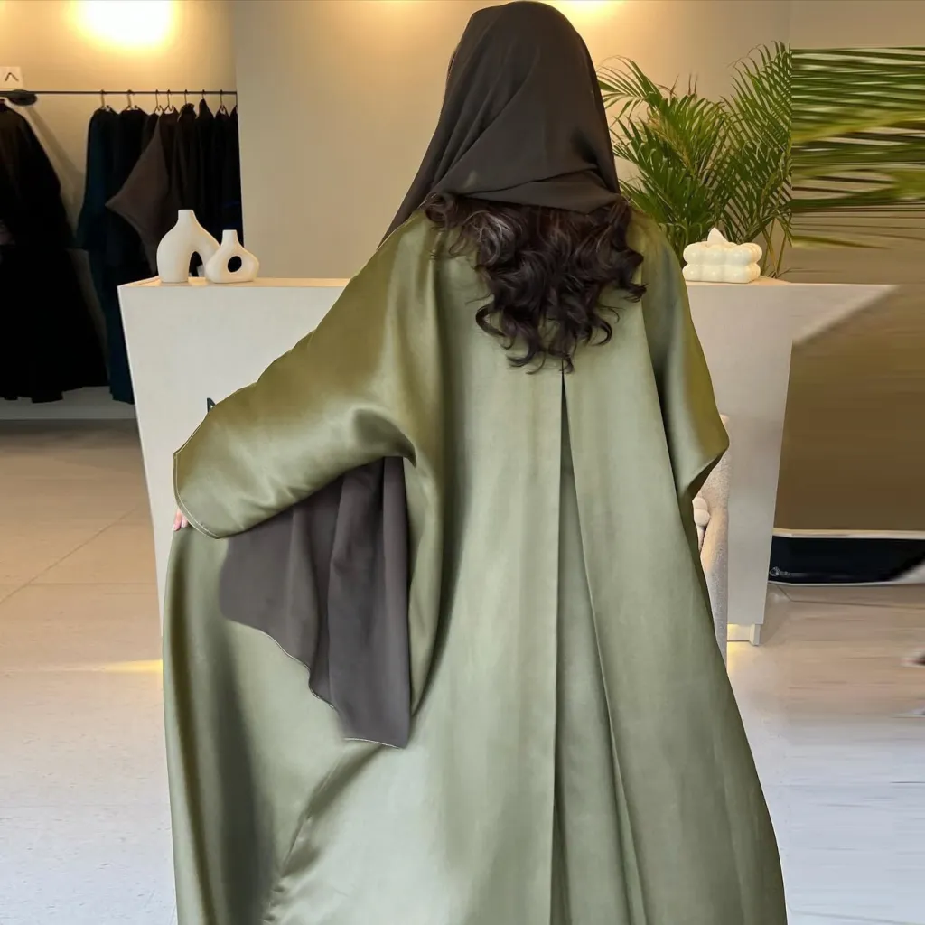 Muslim Robe Middle East Loose Solid Color Satin Cardigan Outerwear - Army Green