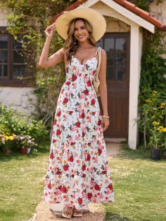 Women's V-neck Slip Dress With Bow And Floral Print - Rose Red - View 1