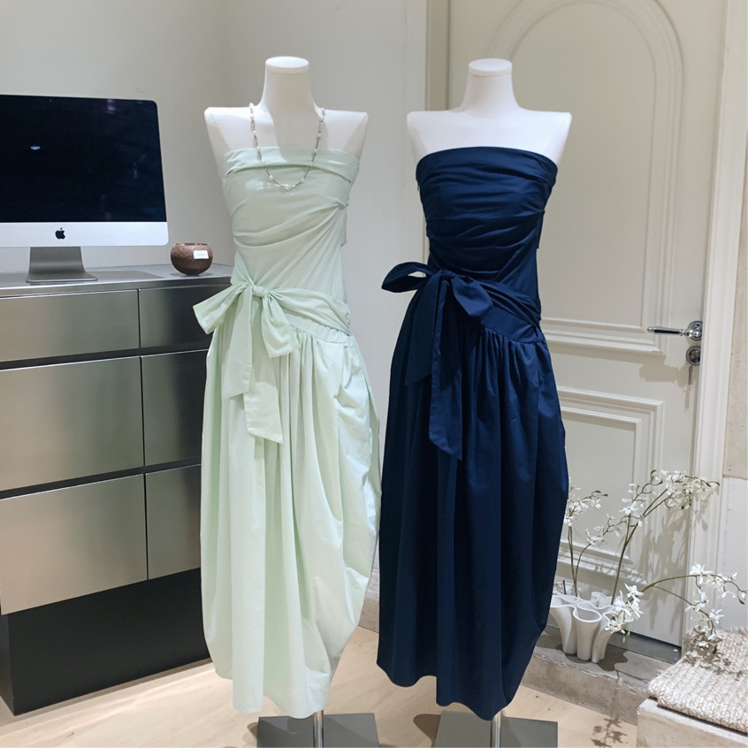 Mint Mambo Green Vacation Style Tube Top Lace-up Dress Loose And Irregular Pleated Midi Dress Without Chest Pad