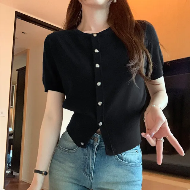 French Style Unique Temperament Crew Neck Short Sleeve Knitted Cardigan Black - Shop at LoveMi