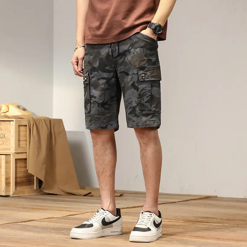 Mens Loose Retro Casual Camo Shorts With Multiple Pockets