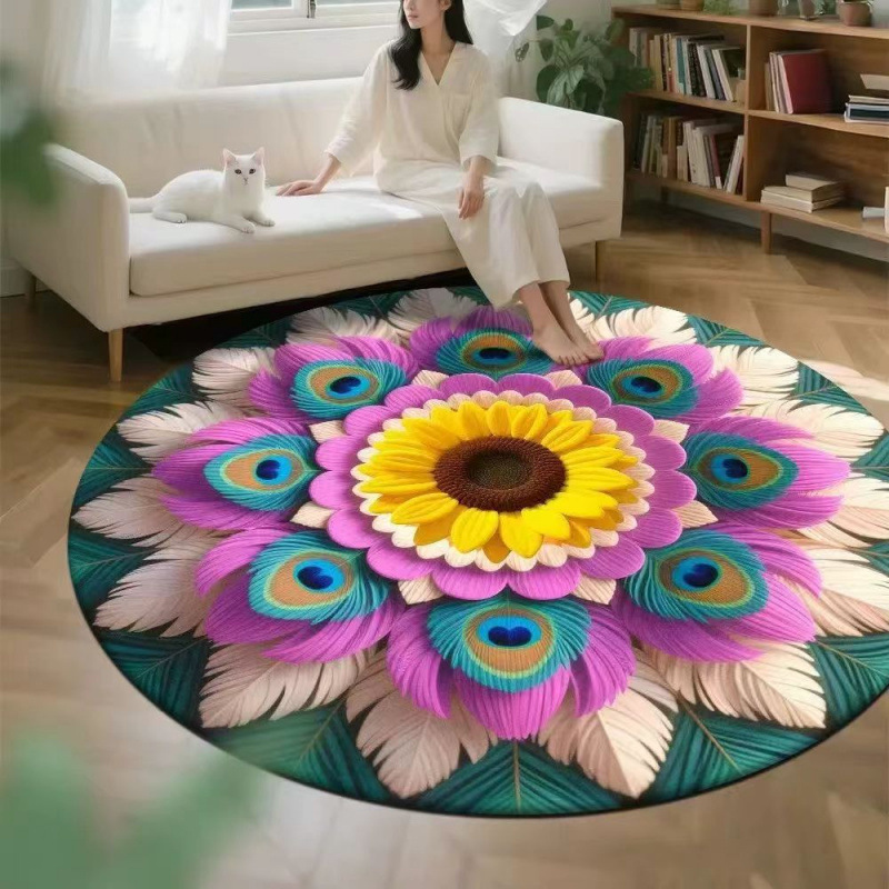 Round 3D Stereoscopic Vision Peacock Floral Crystal Velvet Floor Mat