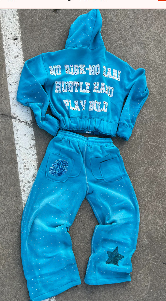 Long Sleeve Pullover Hoodie Two piece Set Blue - Shop at LoveMi