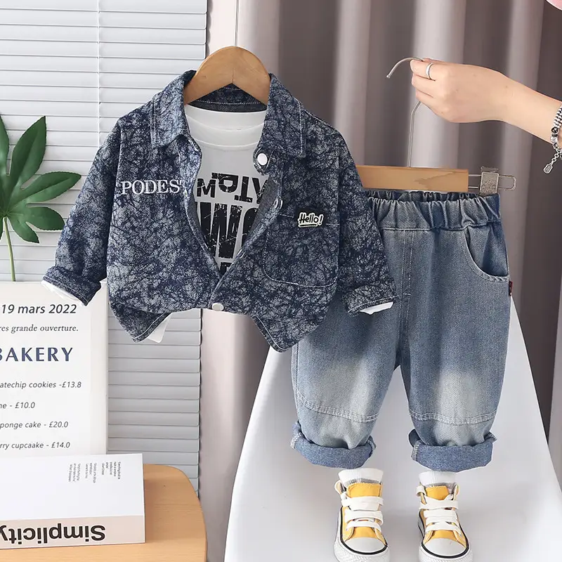 Boys' Long-Sleeve Denim Casual Three-Piece Set
