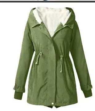 Women's Autumn And Winter Solid Color Casual Waist Tight Fleece lined Anorak Green - Shop at LoveMi