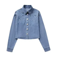 Long Sleeve Rhinestone Short Denim Shirt - View 1
