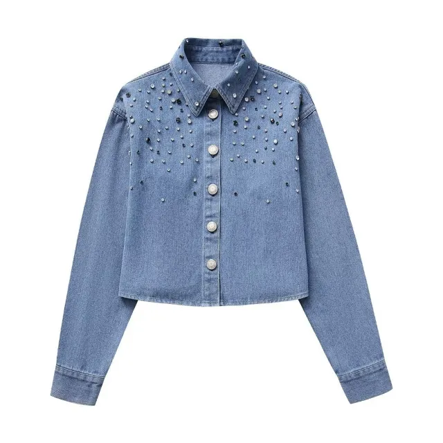 Long Sleeve Rhinestone Short Denim Shirt - Shop at LoveMi