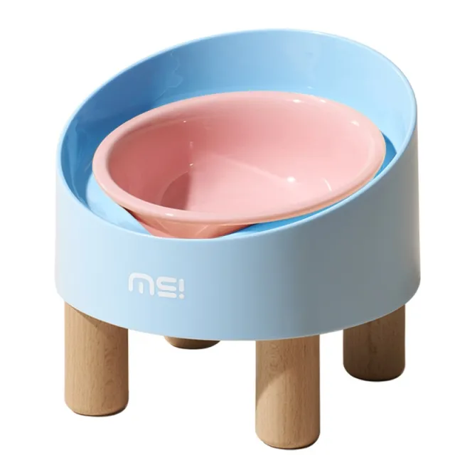 Cat Ceramic Food Basin High Foot Oblique Mouth Neck Protection Bowl Anti tumble Pink Bowl Blue Base - Shop at LoveMi