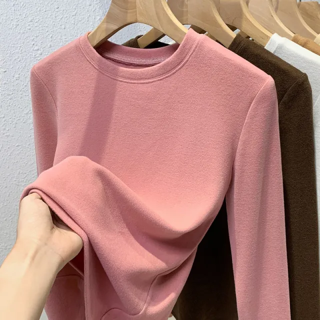 Double sided Bottoming Shirt Sweater Basic Round Neck Brushed Long Sleeve Keep Warm Inner Match Round Neck Pink - Shop at LoveMi