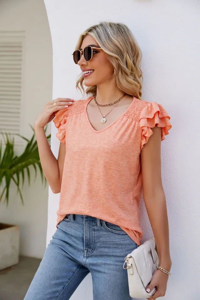 Women's Solid Color And V neck Pleated Short Sleeves Loose Top Orange - Shop at LoveMi