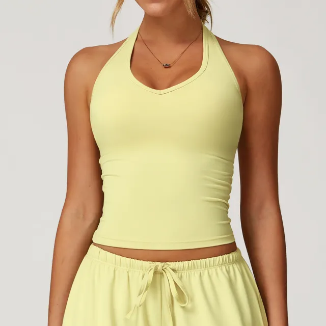 Brushed Yoga Vest V shaped Tight Beauty Back Exercise Light Yellow - Shop at LoveMi
