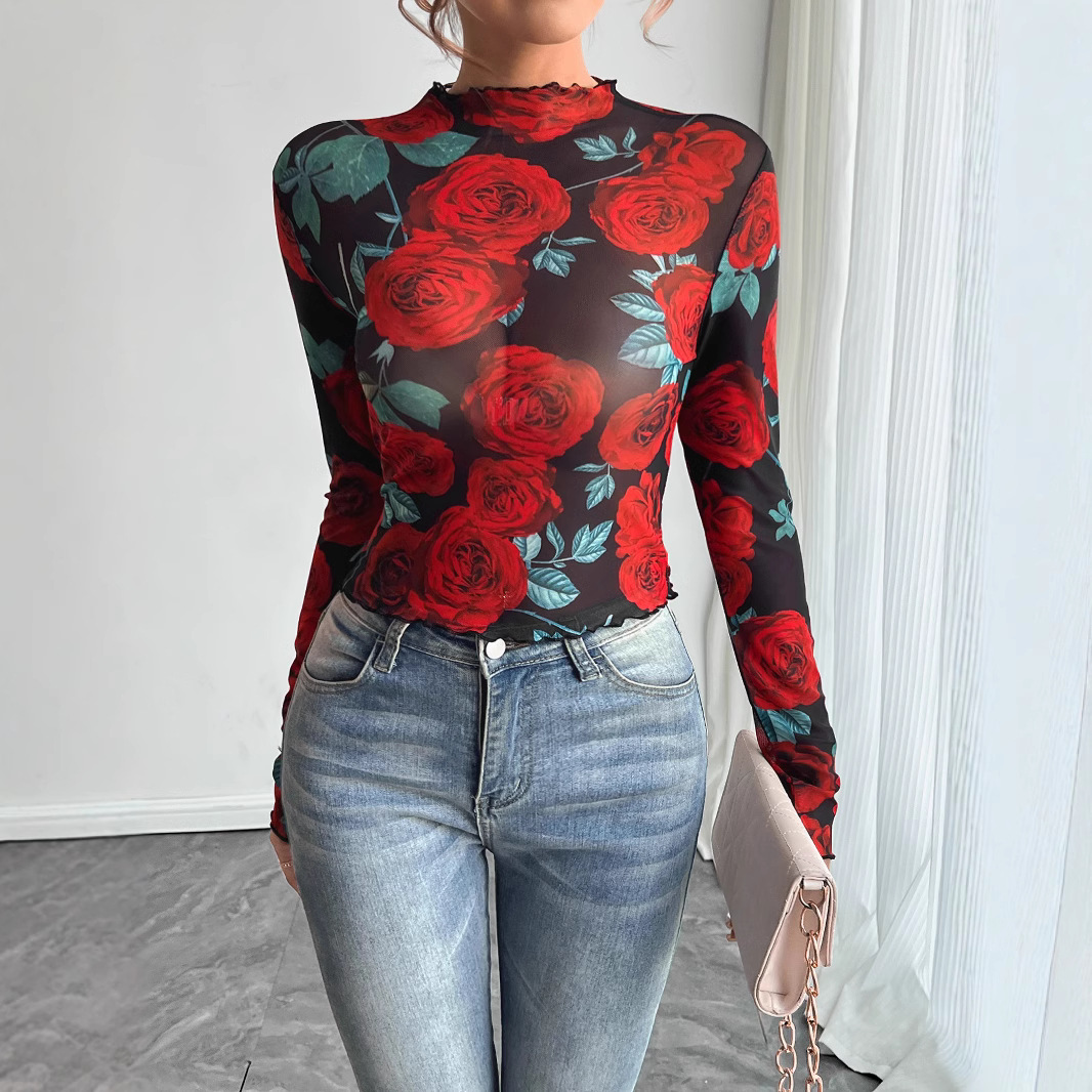 Transparent Rose Flower Print Long-sleeved Small Stand Collar Net