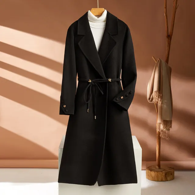 Autumn And Winter New Long Suit Collar Cashmere Coat For Women Premium Black - Shop at LoveMi
