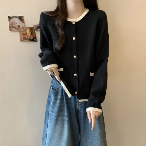 Women's Long sleeved Round Neck Pocket Button Cardigan Loose Sweater Black - Shop at LoveMi