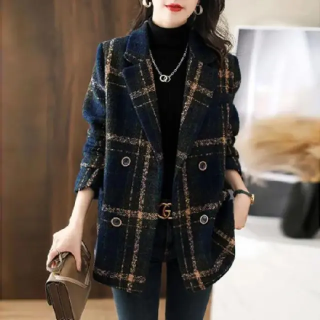 Coat Fashion Slimming Retro Plaid Patchwork Wool Female Suit Picture Color 4Xl - Shop at LoveMi