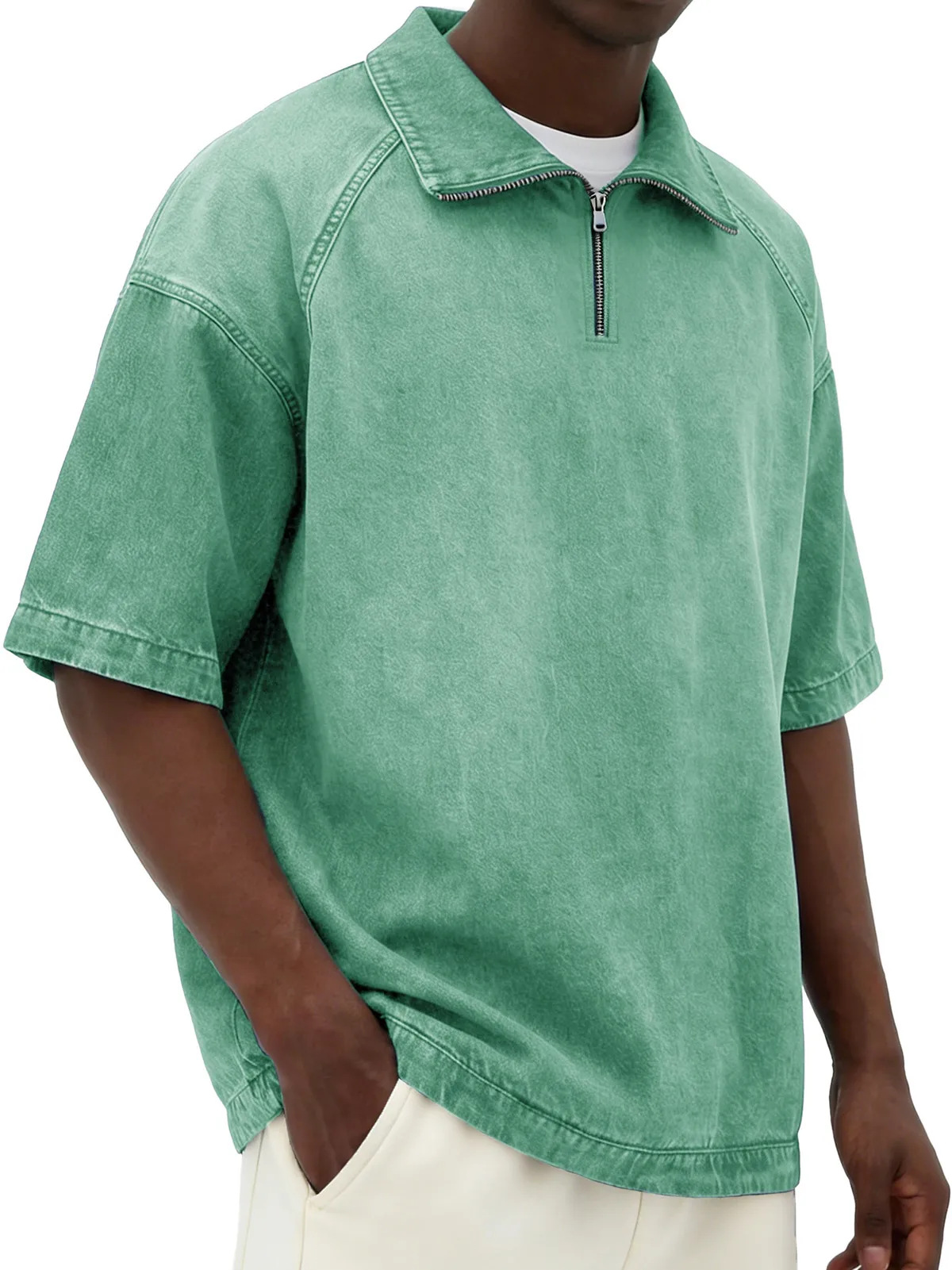 Mens Short-sleeve Lapel Zip-up T-shirt