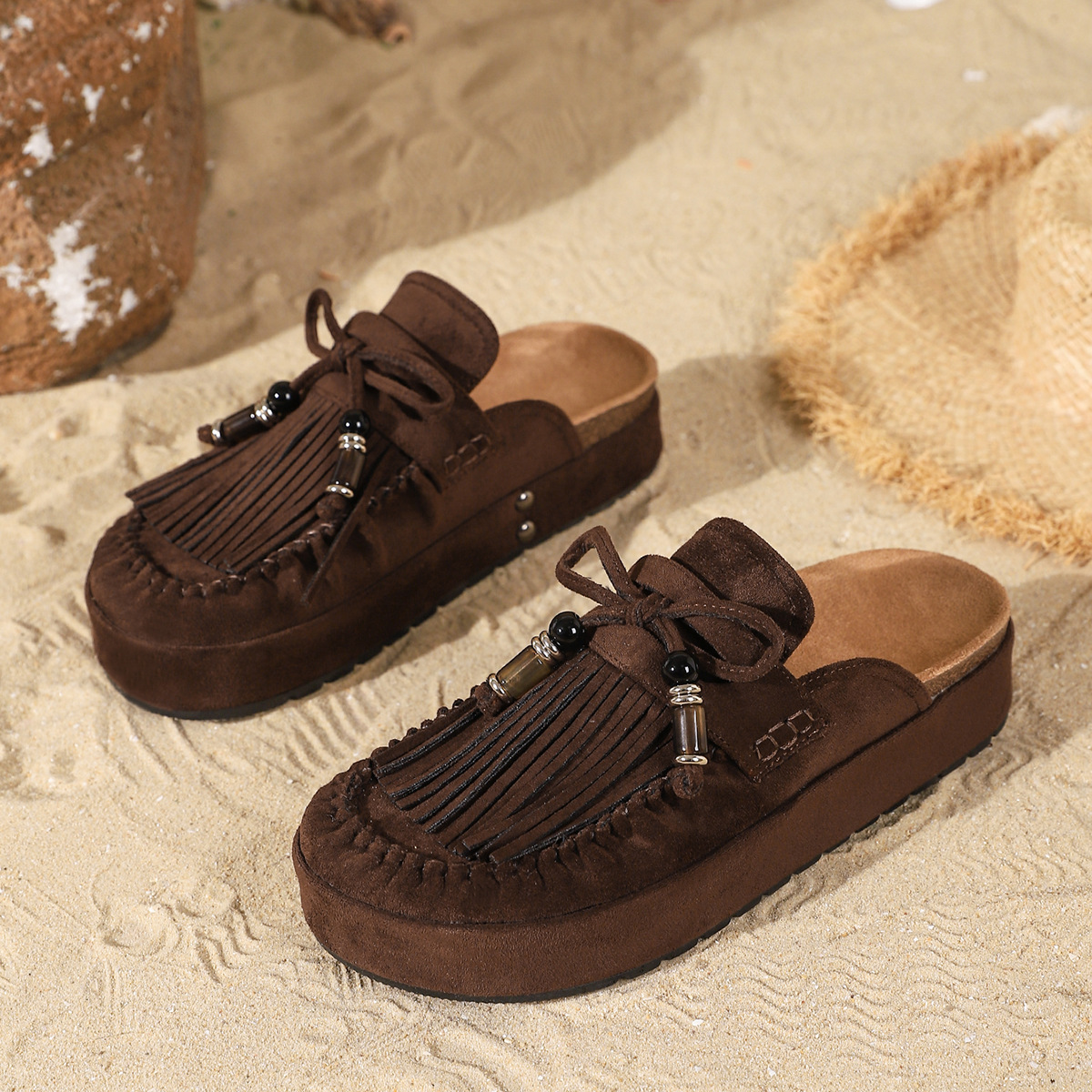Womens Tassel Vintage Thick-soled Closed-toe Slippers