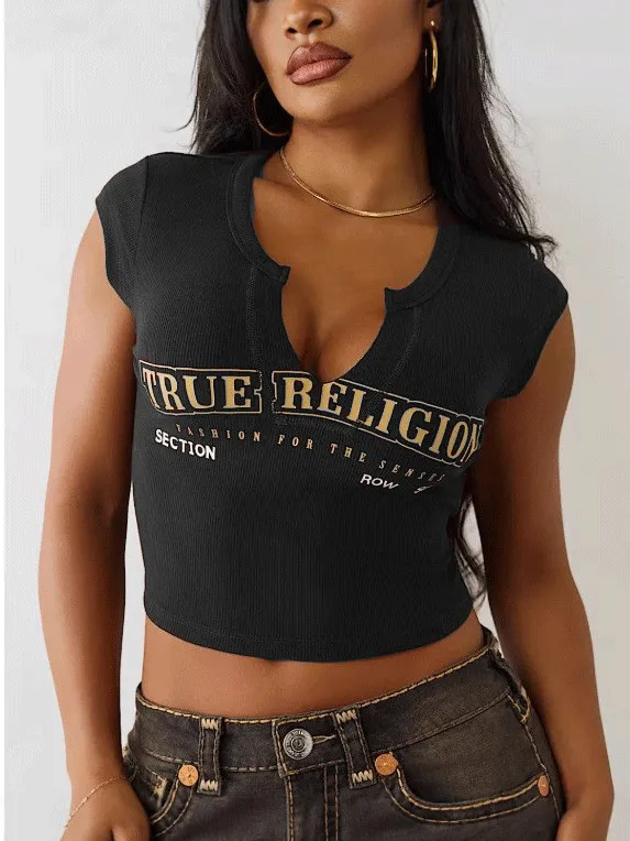 Cropped Slim fit Letter print Midriff baring T shirt For Women Black - Shop at LoveMi
