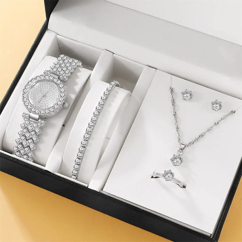 5pcsset Diamond Bracelet Necklace Stud Ring Watch