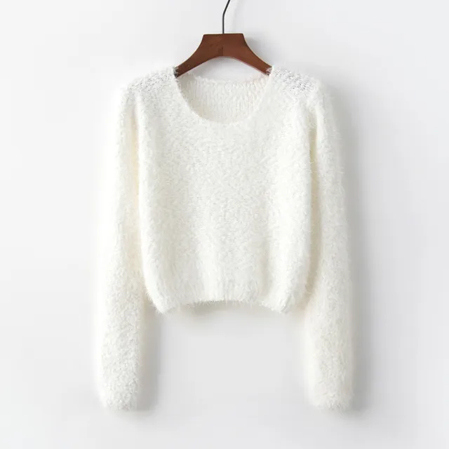 Solid Color Round Neck Pullover Short Pineapple Pin Sweater White - Shop at LoveMi