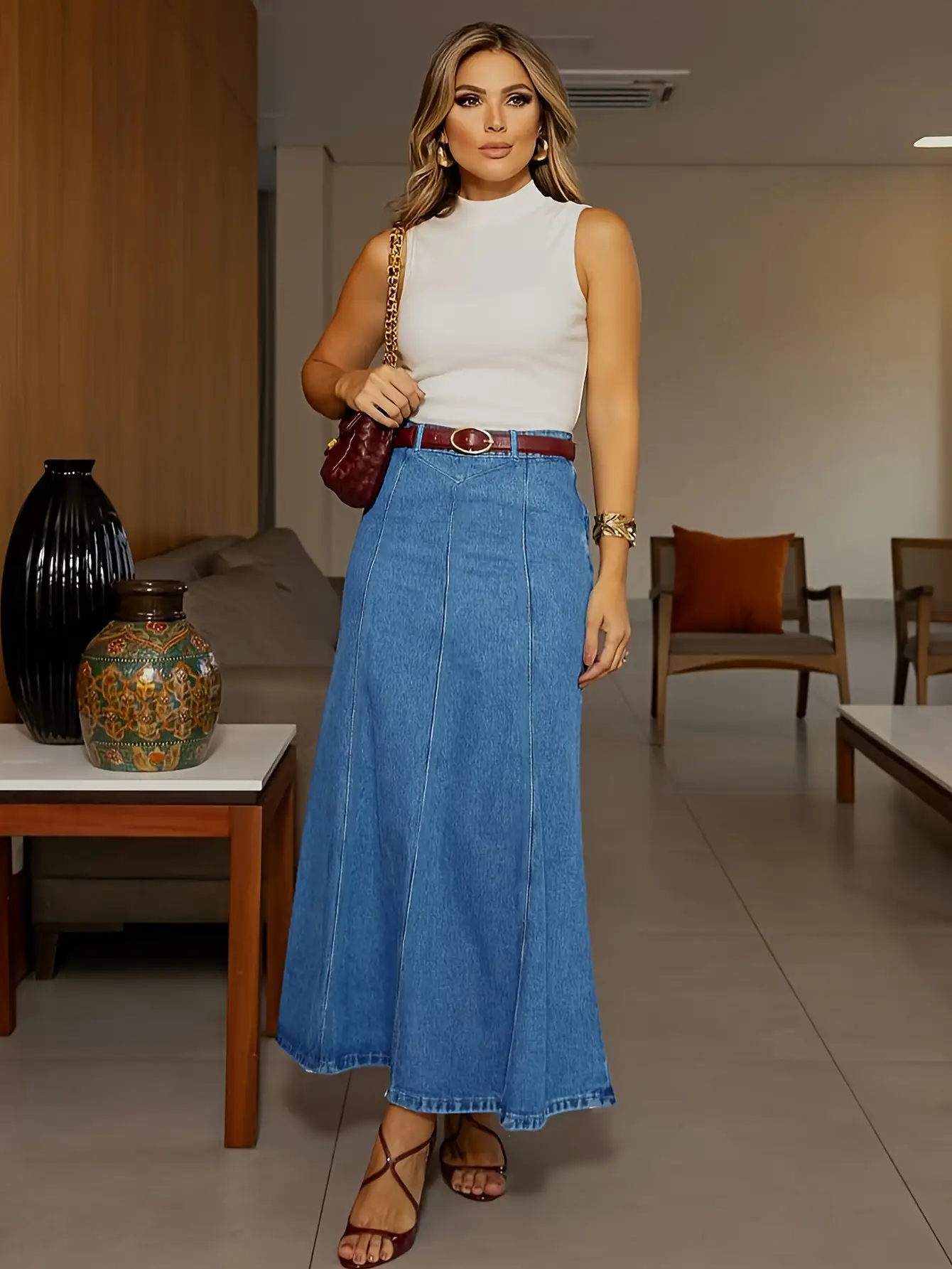 Women's Low-stretch High-waisted Denim Skirt