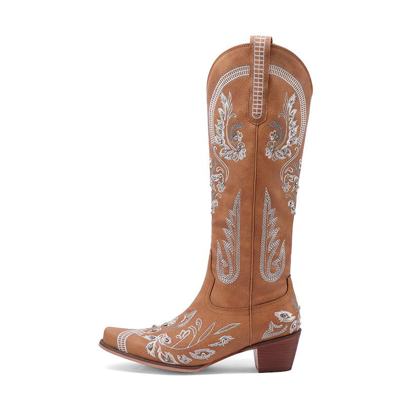 Embroidered Rhinestone Chunky High-Heel Boots