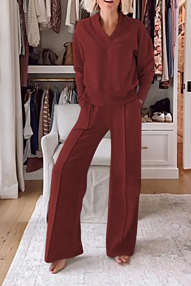 V neck Long Sleeve Loose Top Wide Leg Pants Two piece Set Red - Shop at LoveMi
