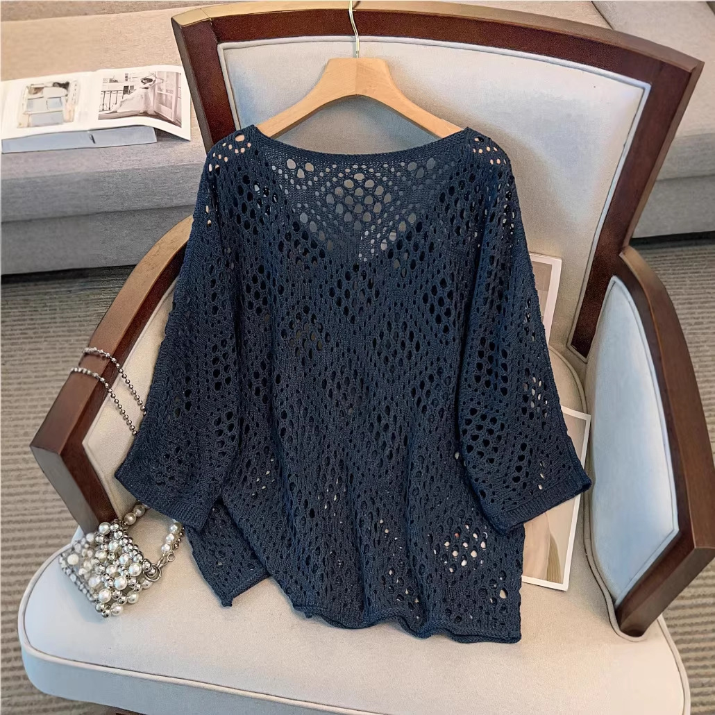 Diamond-pattern Solid-color Hollow-out Casual Short-sleeve Knit Top