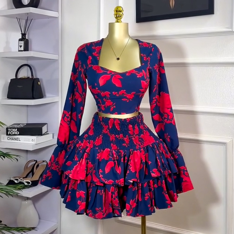 Women's Fresh Printed Long-sleeved Shirt High Waist Skirt Two-piece Set