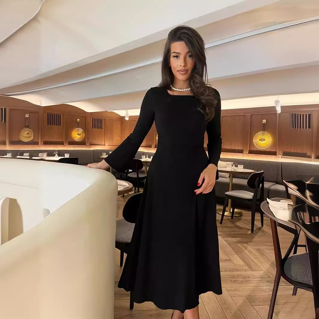 Fashionable Elegant Slim Fit Square Collar Long Sleeve A- Line Dress Women
