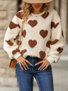 Female Plush Loving Heart Printed Loose Long Sleeves Crew Neck Pullover Sweatshirt - Khaki Love - View 1