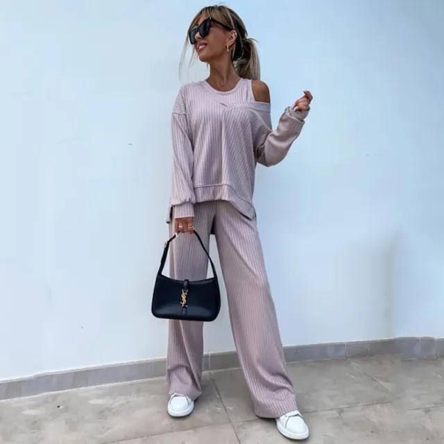 Women's Solid Color Vest Inner Match Long sleeved V neck Top Casual Pants Three piece Set Khaki - Shop at LoveMi