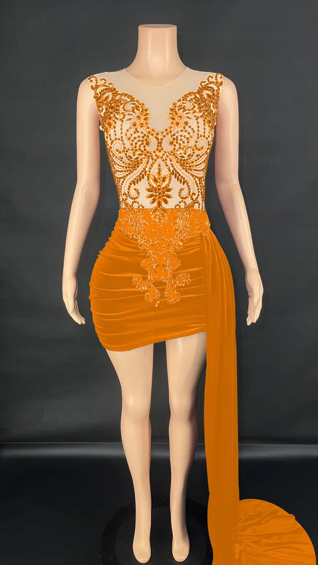 Summer Luxury Evening Dress Female Singer Stage Costume Senior Dress Side Trailing Skirt Orange - Shop at LoveMi