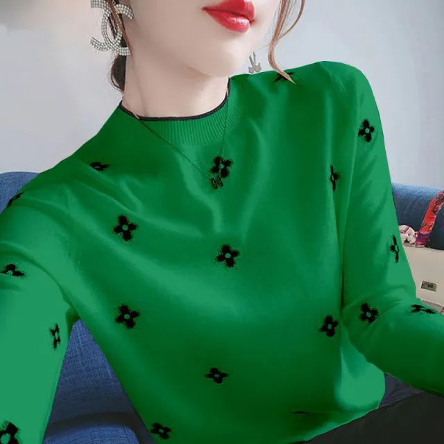 Slim Fit Plus Size Bottoming Shirt Korean Style Long Sleeve Knitted Green - Shop at LoveMi