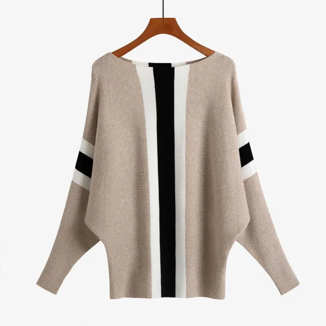 Sweater Batwing Shirt Off neck Thread Loose Large Size Pullover Striped Top Khaki - Shop at LoveMi
