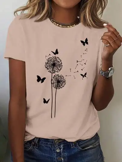 Dandelion Butterfly Pattern Round Neck Short Sleeve Apricot - Shop at LoveMi