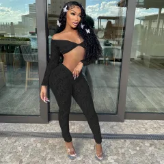 Lace Big U-neck Top Crop-top Tight-fitting Trousers Suit - Black - View 1