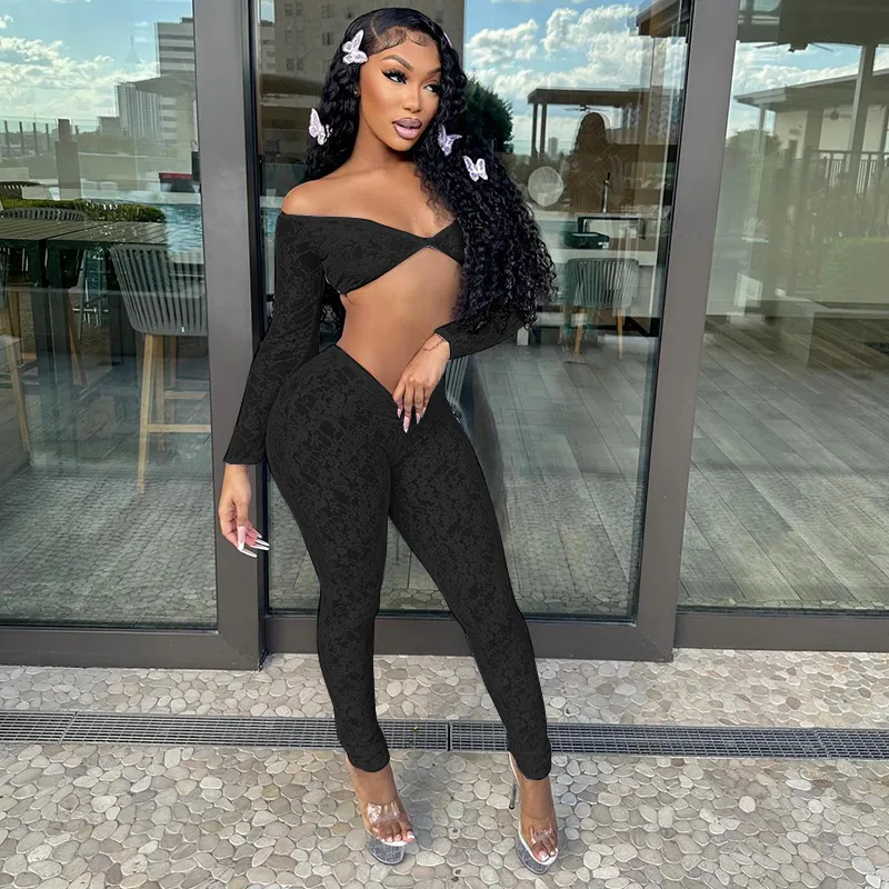Lace Big U-neck Top Crop-top Tight-fitting Trousers Suit - Black