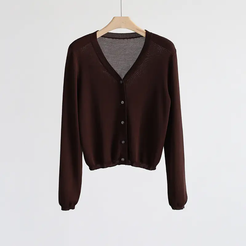 Spring And Summer V-neck Short Tencel Knitted Cardigan Pure Color All-matching