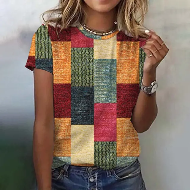 European And American Leisure Color Checkered Short Sleeve Round Neck Top Red - Shop at LoveMi