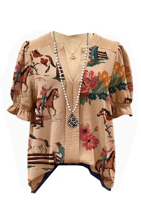 Women's Plant Flower Steed Printed V-neck Patchwork Shirt