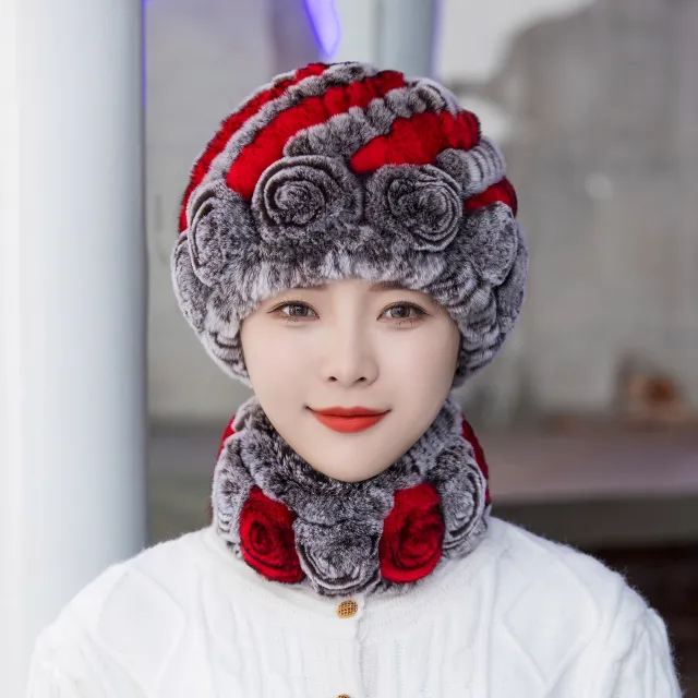 Winter Warm Rex Rabbit Fur Hat Scarf Suit Coffee Frost Red - Shop at LoveMi