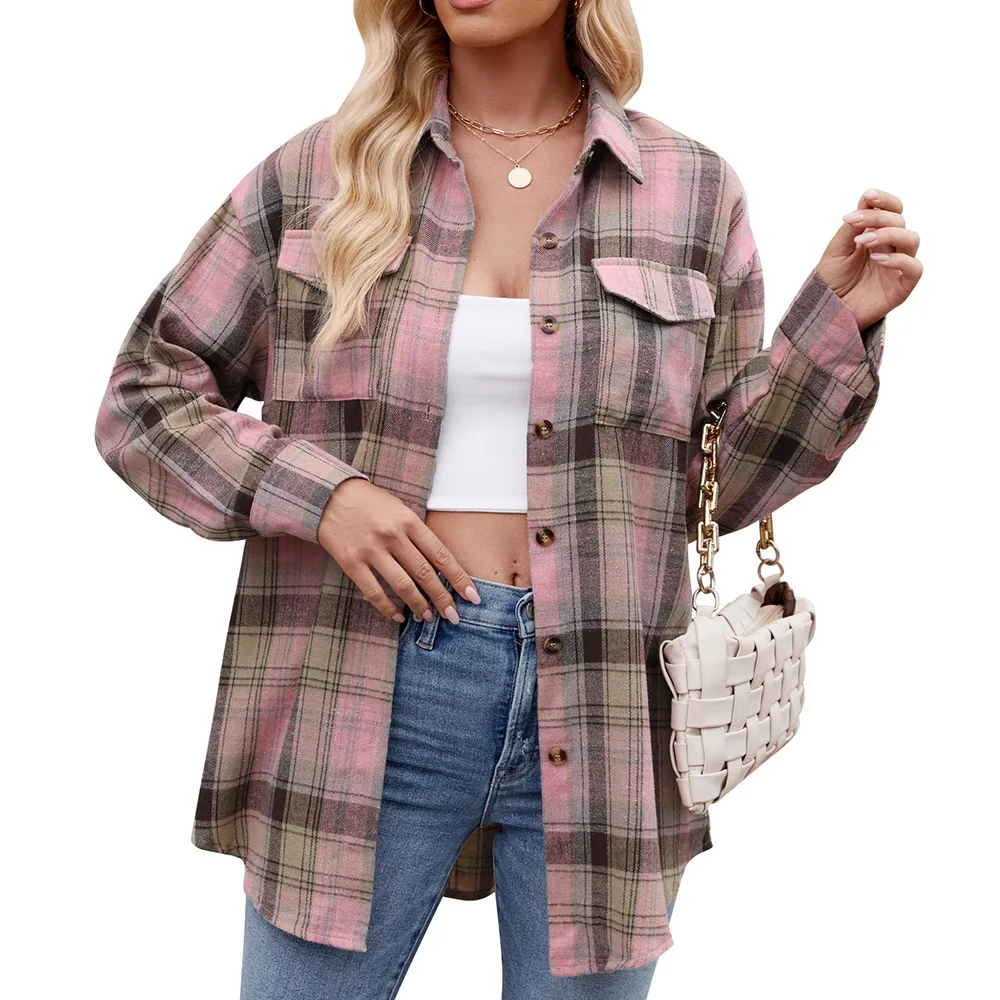 Casual Fashion Loose Plaid Pocket Shirt For Women - Pink